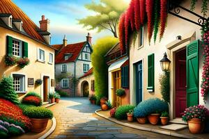 an oil painting of a street with flowers and plants. AI-Generated photo