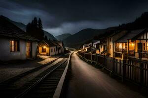 un tren pistas en el medio de un pueblo a noche. generado por ai foto