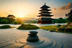 el japonés pagoda en el puesta de sol. generado por ai foto