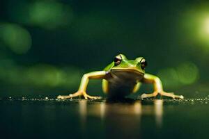 a frog is sitting on the ground with a green background. AI-Generated photo