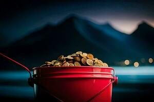 a red bucket filled with coins sitting on a table. AI-Generated photo