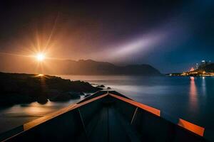 a boat sits on the water at night with the sun shining. AI-Generated photo