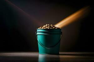 a bucket filled with nuts on a table. AI-Generated photo