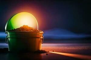 a bucket of dirt with a light shining from it. AI-Generated photo