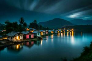 houses on the water at night with a mountain in the background. AI-Generated photo