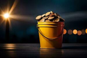 a bucket filled with coins on a table. AI-Generated photo