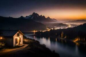un pequeño cabina se sienta en el lado de un montaña con vista a un lago. generado por ai foto