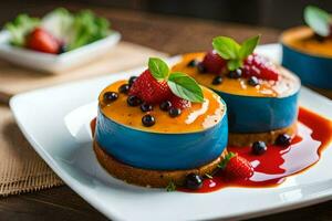 dos pasteles con azul y rojo Formación de hielo en un blanco lámina. generado por ai foto