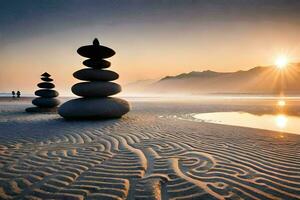 un apilar de rocas en el playa a puesta de sol. generado por ai foto