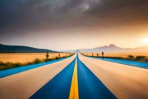 un largo la carretera con azul líneas y un puesta de sol en el antecedentes. generado por ai foto