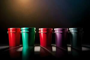 a row of colorful plastic cups on a dark background. AI-Generated photo