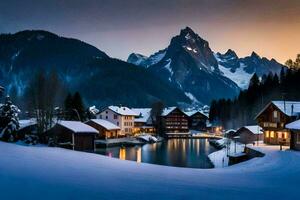 un invierno escena con nieve cubierto montañas y un lago. generado por ai foto