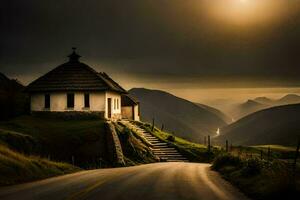 a church on a mountain road with a sun setting behind it. AI-Generated photo
