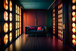 a room with a couch and a wall of windows. AI-Generated photo