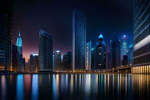 el ciudad horizonte a noche en Dubái generado por ai foto