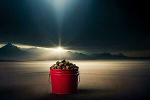 a bucket of nuts on a beach with a sun shining. AI-Generated photo