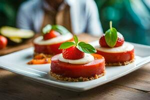 three small desserts with strawberries on a white plate. AI-Generated photo