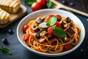 spaghetti with eggplant and tomatoes in a bowl. AI-Generated photo