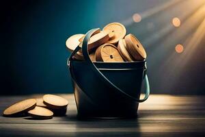 a bucket filled with wooden coins on a wooden table. AI-Generated photo