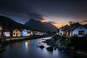 photo wallpaper the sky, mountains, river, houses, sunset, the mountains, river, houses. AI-Generated