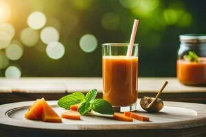 a glass of juice with carrots and mint on a wooden table. AI-Generated photo