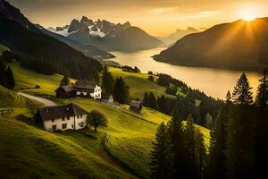 un casa se sienta en un colina con vista a un lago y montañas. generado por ai foto