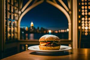 a burger on a plate with a view of the city. AI-Generated photo