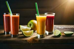 a variety of juices and fruit on a wooden table. AI-Generated photo