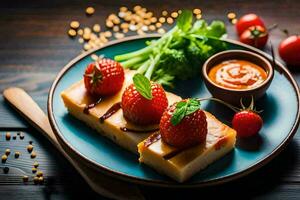 a plate with a slice of cheese and strawberries. AI-Generated photo