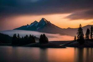 un montaña rango es reflejado en un lago a puesta de sol. generado por ai foto