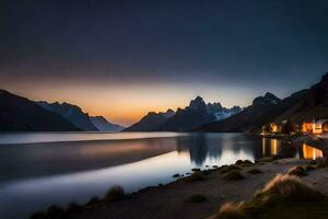 el lago y montañas son reflejado en el agua. generado por ai foto