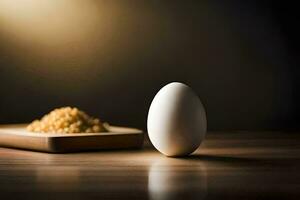 an egg sits on a wooden table next to a bowl of rice. AI-Generated photo
