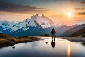 un persona en pie en un montaña a puesta de sol. generado por ai foto