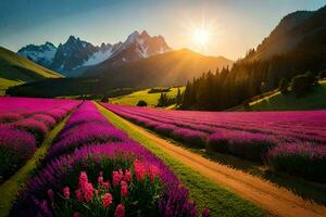 photo wallpaper the sky, flowers, mountains, road, the sun, flowers, lavender,. AI-Generated