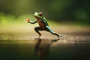 a frog is standing on its hind legs and reaching for something. AI-Generated photo
