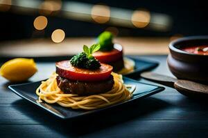 two plates with spaghetti and meat on top. AI-Generated photo