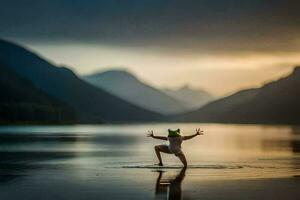 un niño es saltando en el agua a puesta de sol. generado por ai foto