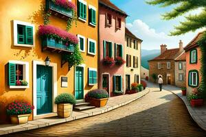 an illustration of a street in a village. AI-Generated photo