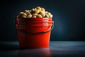 a red bucket filled with peanuts on a dark table. AI-Generated photo