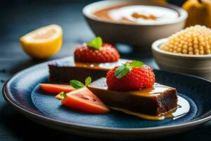 a plate with chocolate pudding, strawberries and a bowl of fruit. AI-Generated photo