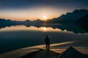 un hombre en pie en el apuntalar de un lago a puesta de sol. generado por ai foto