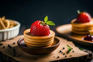 strawberries and pancakes on a wooden plate. AI-Generated photo