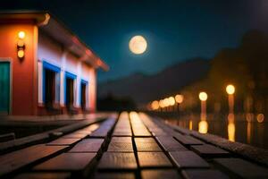 photo wallpaper the moon, night, the house, the dock, the water, the house,. AI-Generated