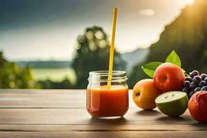 un vaso de jugo con manzanas, naranjas y uvas. generado por ai foto