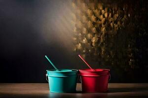 two colorful buckets with spoons on a wooden table. AI-Generated photo