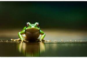 a frog sitting on the ground with a dark background. AI-Generated photo