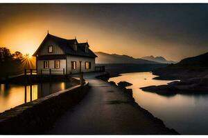 a house sits on the edge of a lake at sunset. AI-Generated photo