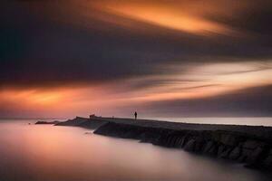 a man stands on a pier at sunset. AI-Generated photo