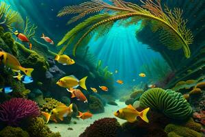 an underwater scene with colorful fish and plants. AI-Generated photo