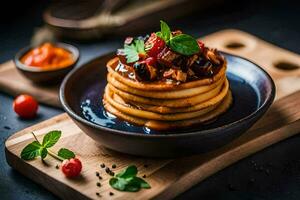 pancakes with tomato sauce and cheese on a wooden board. AI-Generated photo